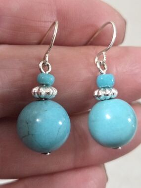 Genuine Turquoise Bead Drop Earrings - Women Jewelry Sterling Slver Tested